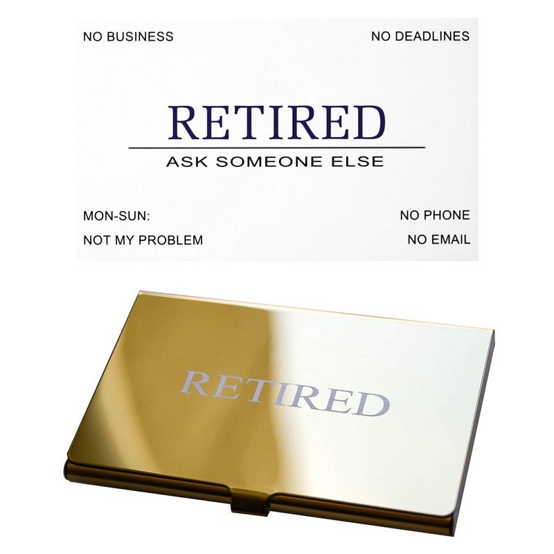 RXBC2011 بطاقات عمل متقاعدين مضحكة RXBC2011 هدية تقاعد (عبوة من 50 بطاقة بيضاء/مع علبة من الفولاذ المقاوم للصدأ بمرآة ذهبية) للرجال والنساء المتقاعدين وزملاء العمل والموظفين والرؤساء والأصدقاء والزملاء - Image 1